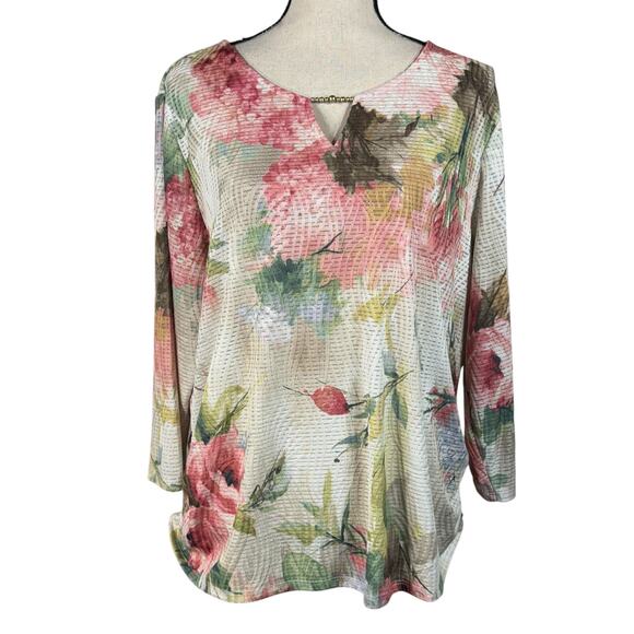 Alfred Dunner Large Top Floral Stretch 3/4 Sleeve Keyhole V-Neck Ruched Sides - Picture 1 of 9